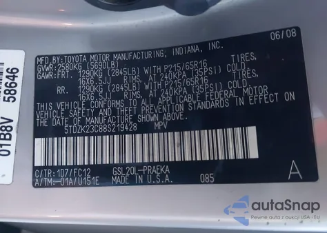 2008 Toyota Sienna Le from USA, damaged, VIN 5TDZK23C88S219428